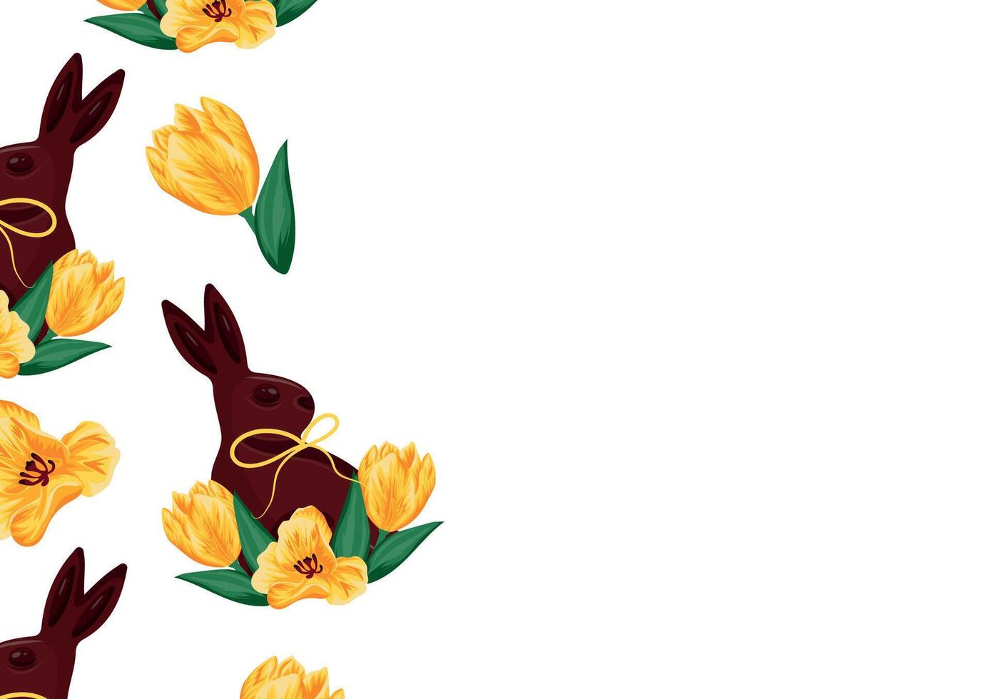 poster with chocolate Easter bunnies sitting on their hind legs and turned to the side with yellow tulips with yellow ribbons, for Easter decorations vector