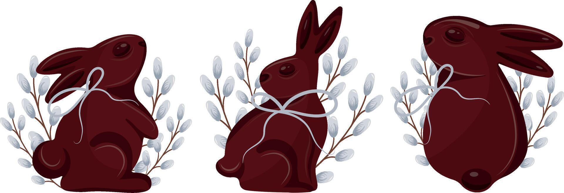 set with various Easter chocolate bunnies in different poses with gray ribbons and willow branches, for Easter designs vector