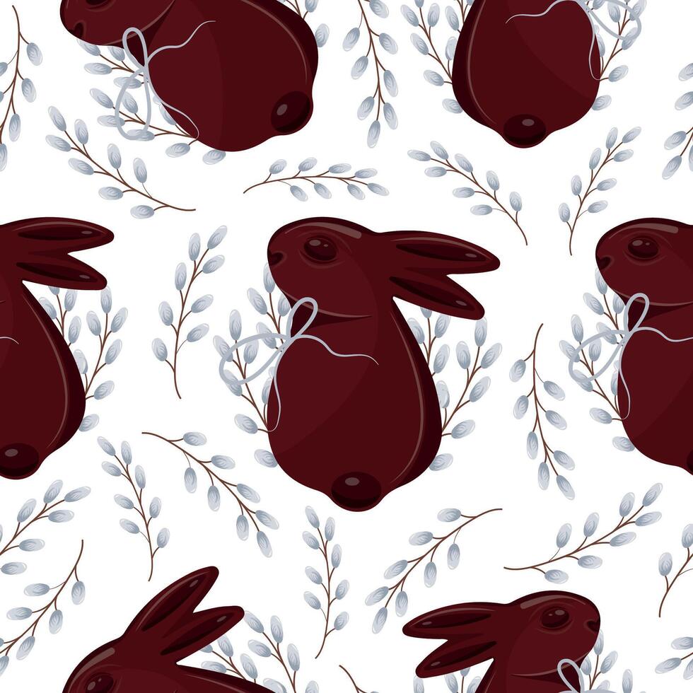 seamless pattern with chocolate Easter bunnies with willow branches with gray ribbons arranged randomly, for Easter decorations vector