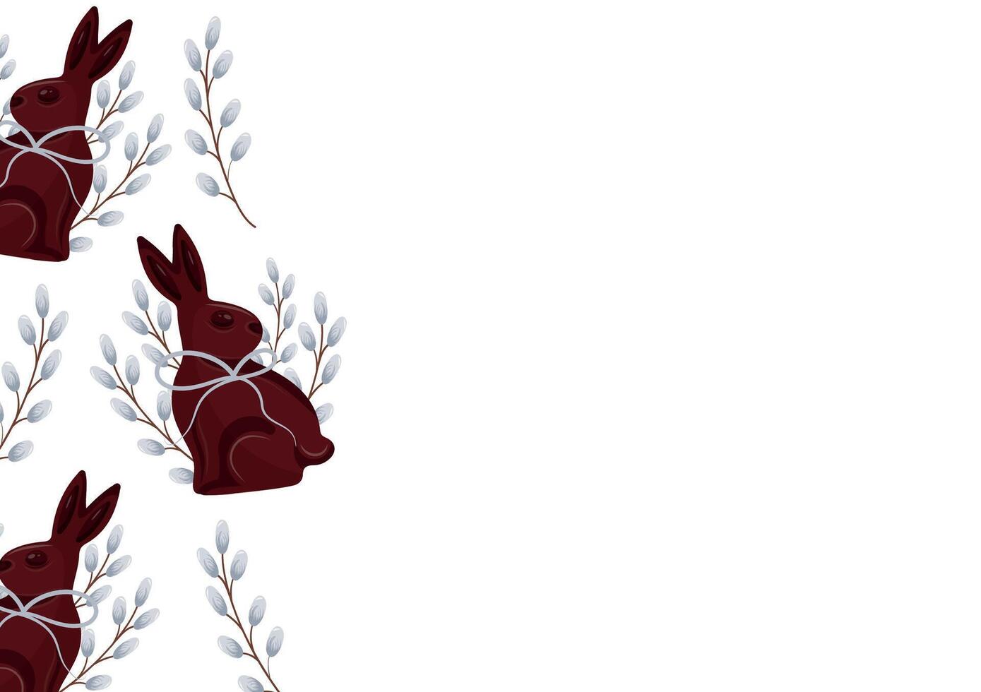 poster with chocolate Easter bunnies sitting on their hind legs and turned to the side with willow branches with gray ribbons, for Easter decorations vector
