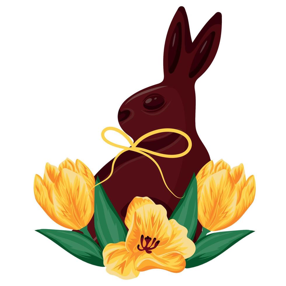 icon of a chocolate Easter bunny turned to the right with a pink bow around its neck and yellow tulip buds, for Easter decorations vector