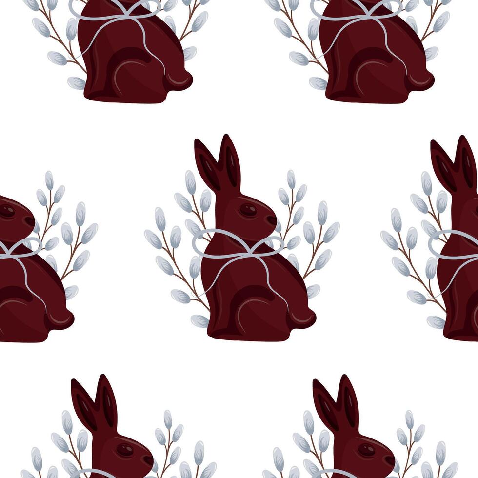 seamless pattern with chocolate Easter bunnies sitting on their hind legs and turned to the side with willow branches with gray ribbons, for Easter decorations vector