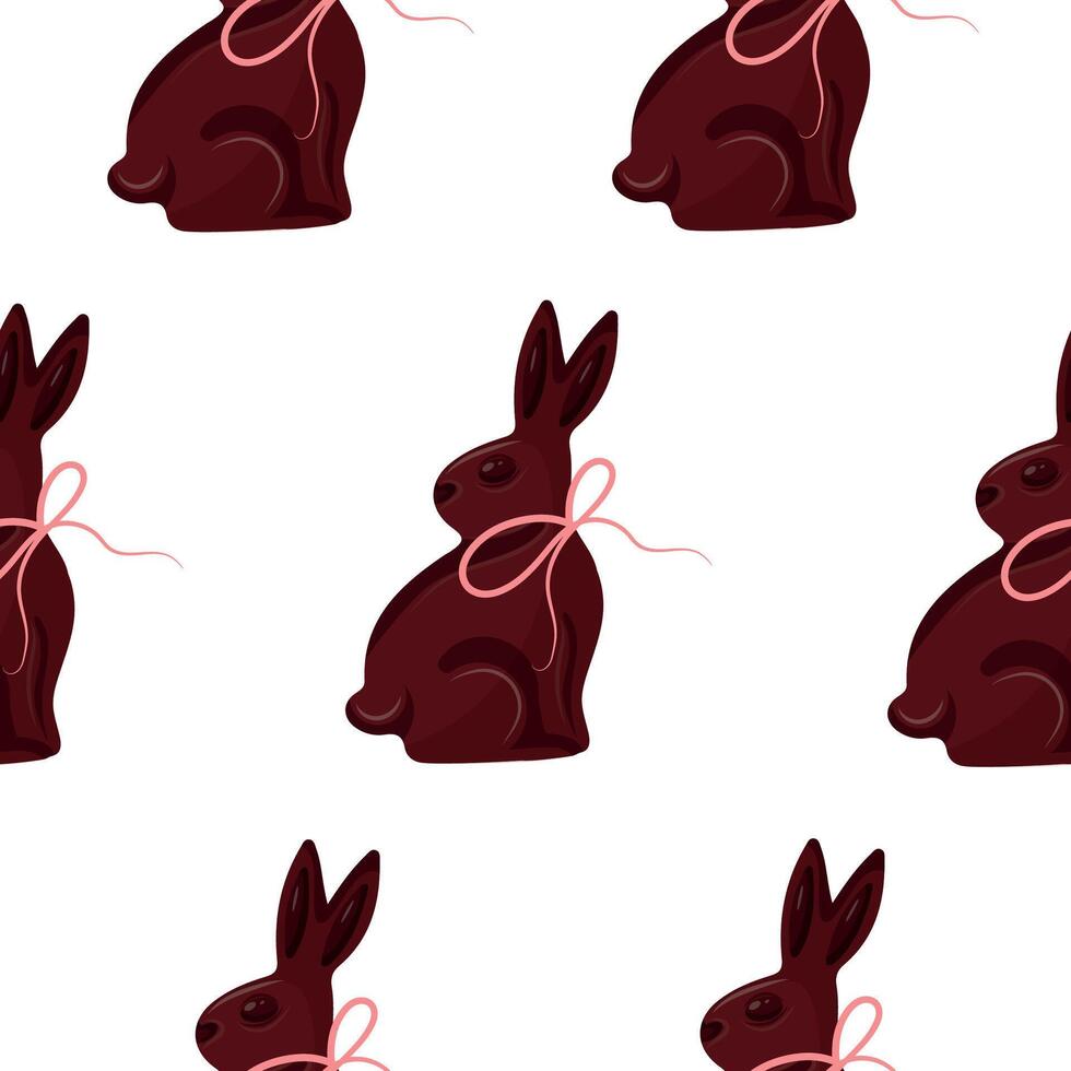 seamless pattern with chocolate Easter bunnies sitting on their hind legs and turned to the side with pink ribbons, for Easter decorations vector