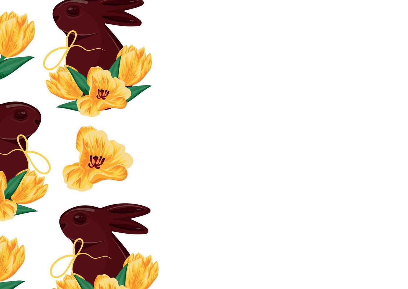 poster with chocolate Easter bunnies with yellow tulip buds with yellow ribbons arranged randomly, for Easter decorations vector