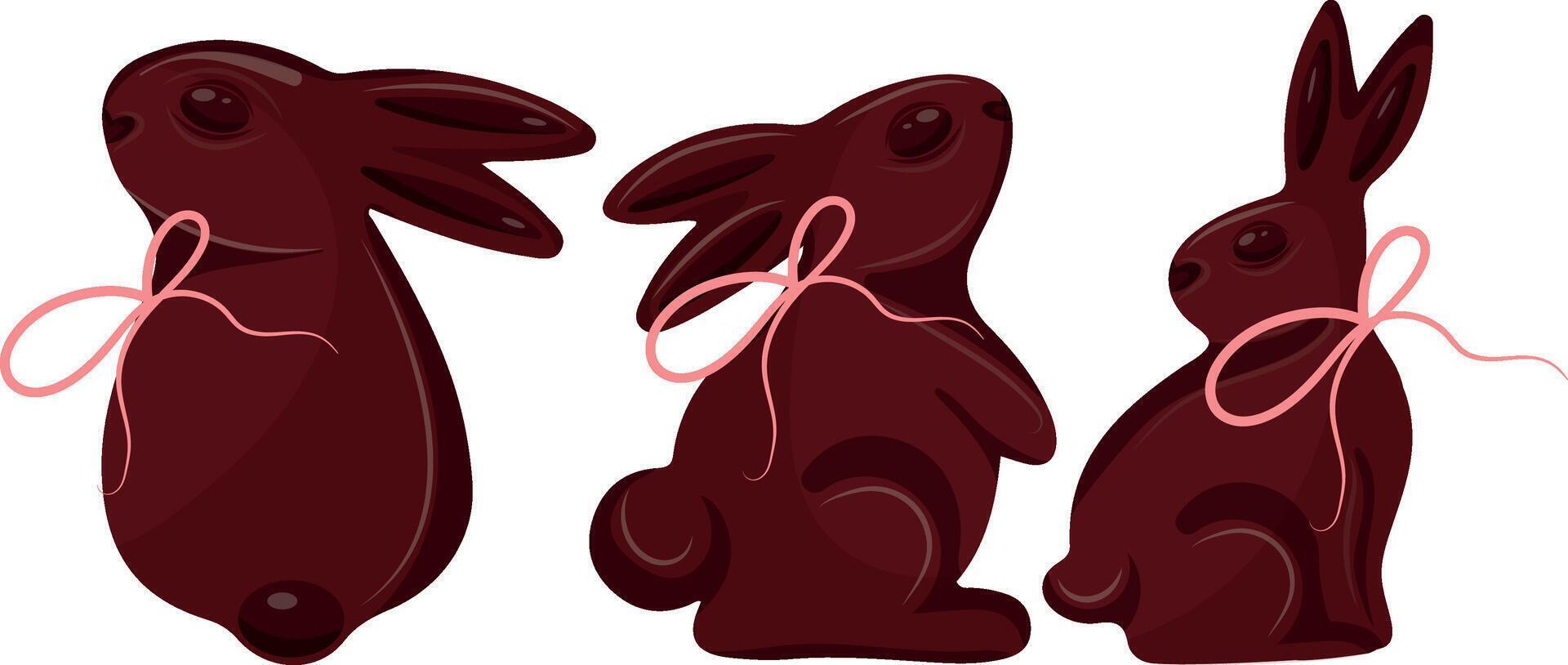 set with various Easter chocolate bunnies in different poses with pink ribbons, for Easter designs vector