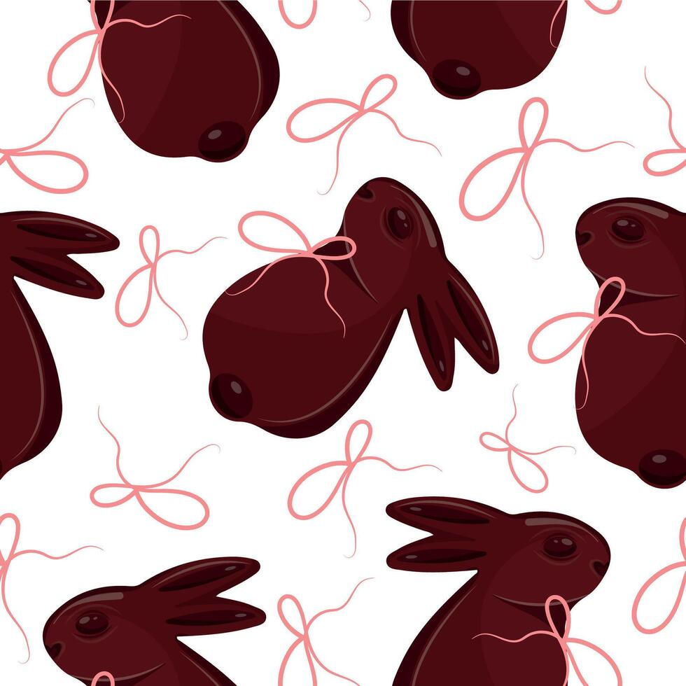 seamless pattern with chocolate Easter bunnies with pink ribbons arranged randomly, for Easter decorations vector