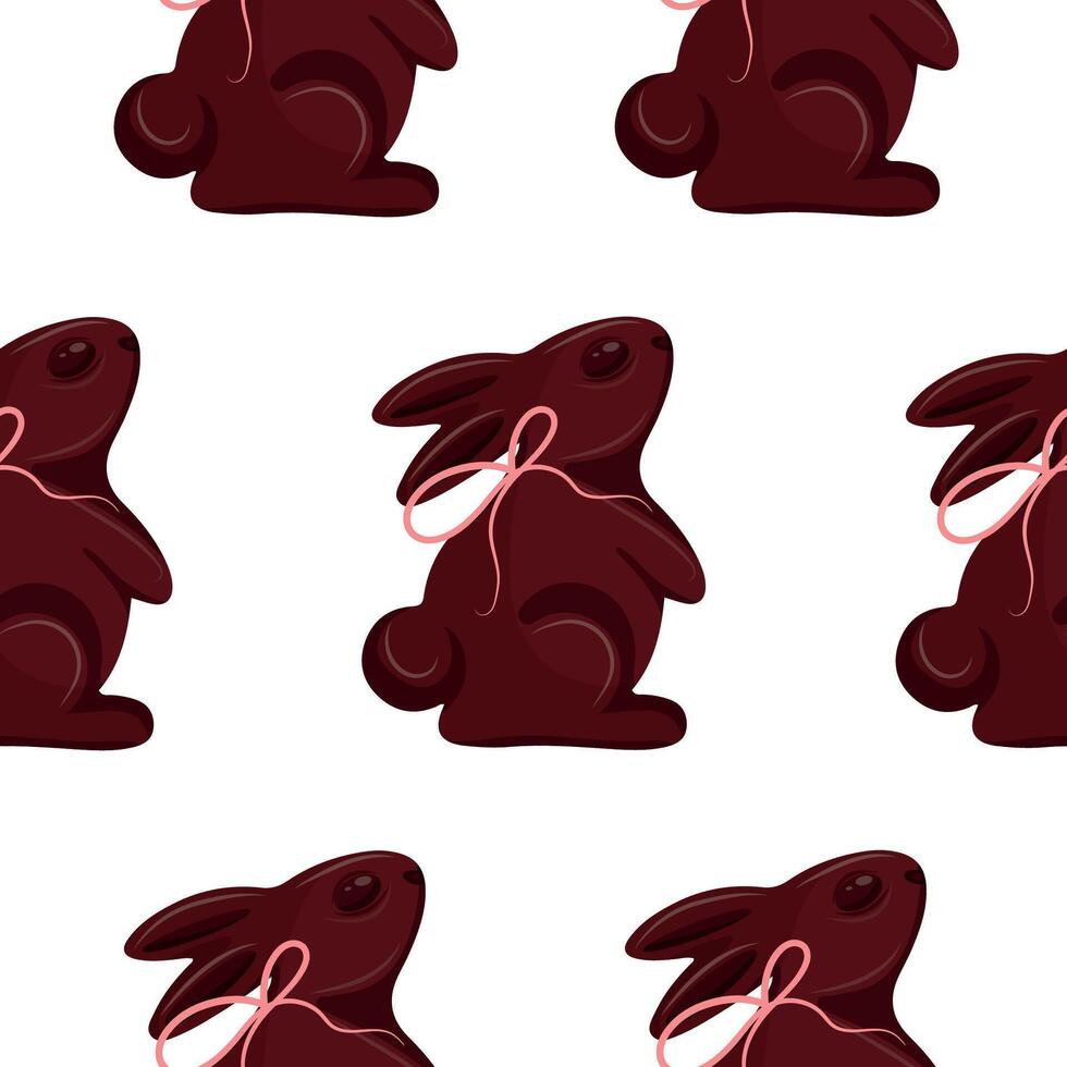 seamless pattern with chocolate Easter bunnies standing on their hind legs with pink ribbons, for Easter decoration vector