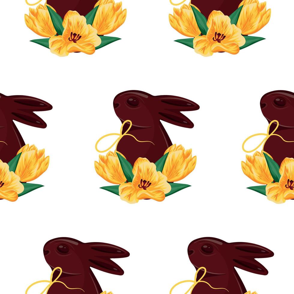 seamless pattern with chocolate Easter bunnies, yellow tulip buds with yellow ribbons, for Easter decorations vector
