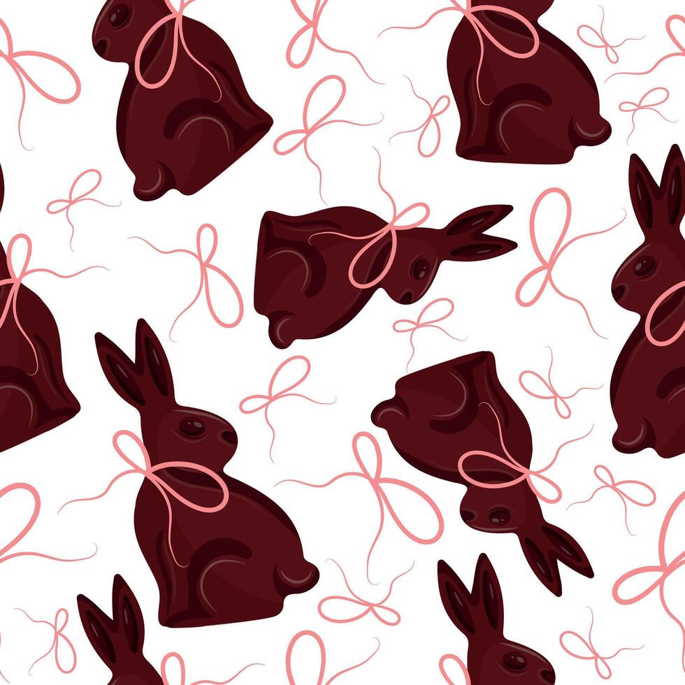seamless pattern with chocolate Easter bunnies sitting on their hind legs and turned to the side with pink ribbons arranged randomly, for Easter decorations vector