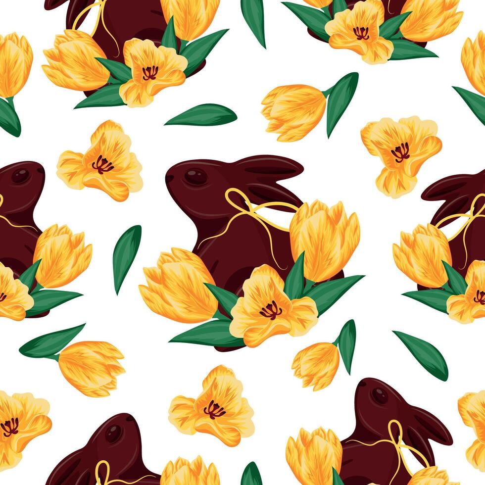 seamless pattern with chocolate Easter bunnies standing on their hind legs with yellow tulips and yellow ribbons arranged randomly, for Easter decorations vector