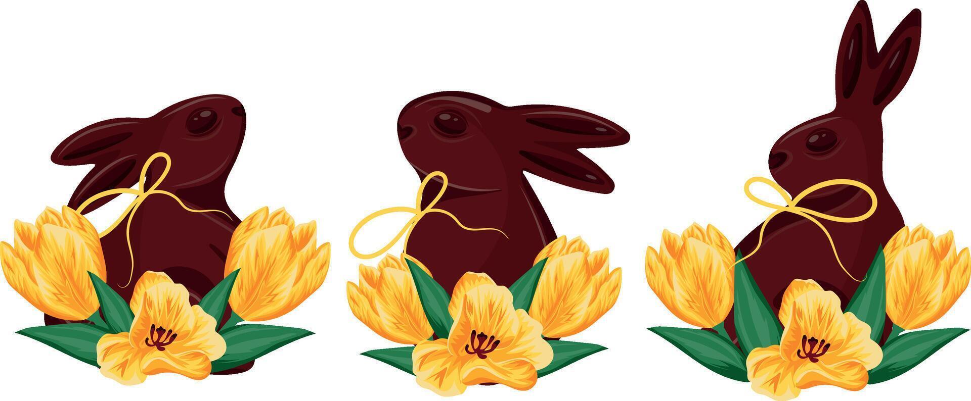 set with various Easter chocolate bunnies in different poses with yellow ribbons and yellow tulip buds, for Easter designs vector