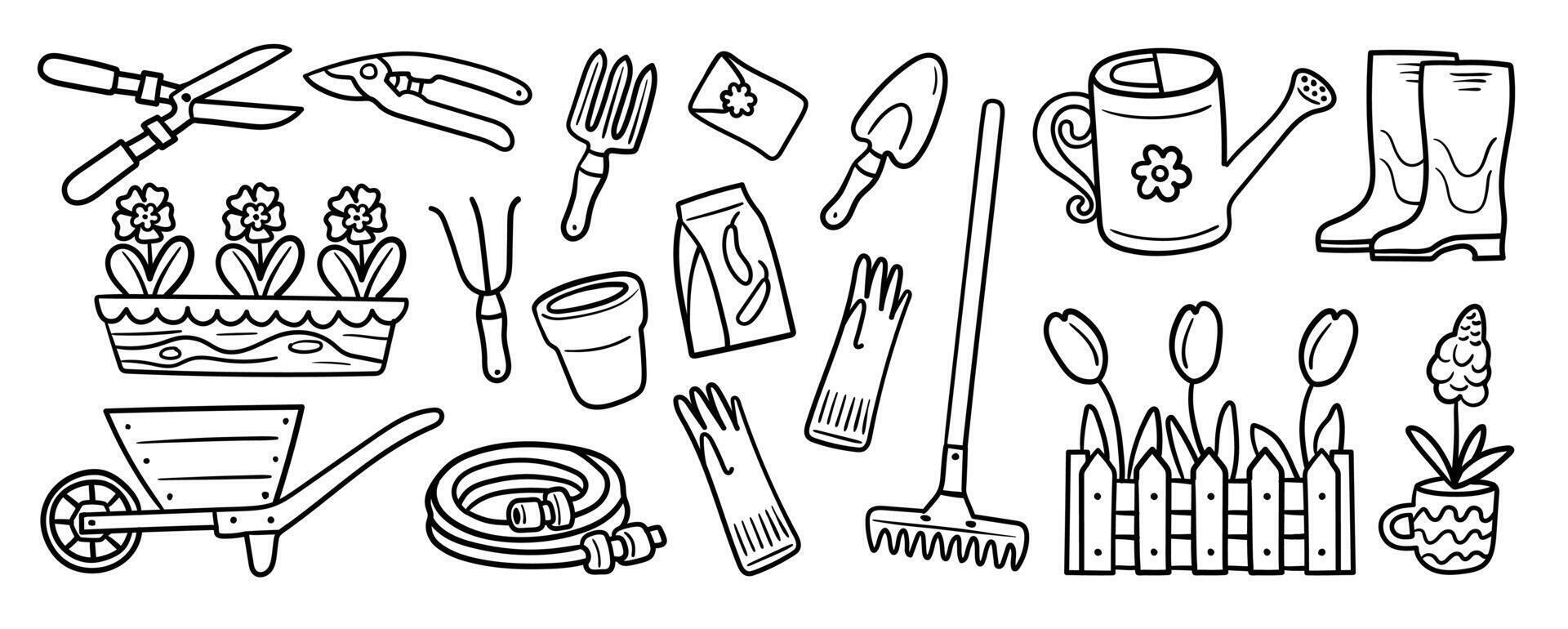 Line art collection of gardening tools and elements including pruning shears, trowel, watering can, and flower pots. Perfect for gardening guides, spring season promotions, and hobby illustrations. vector