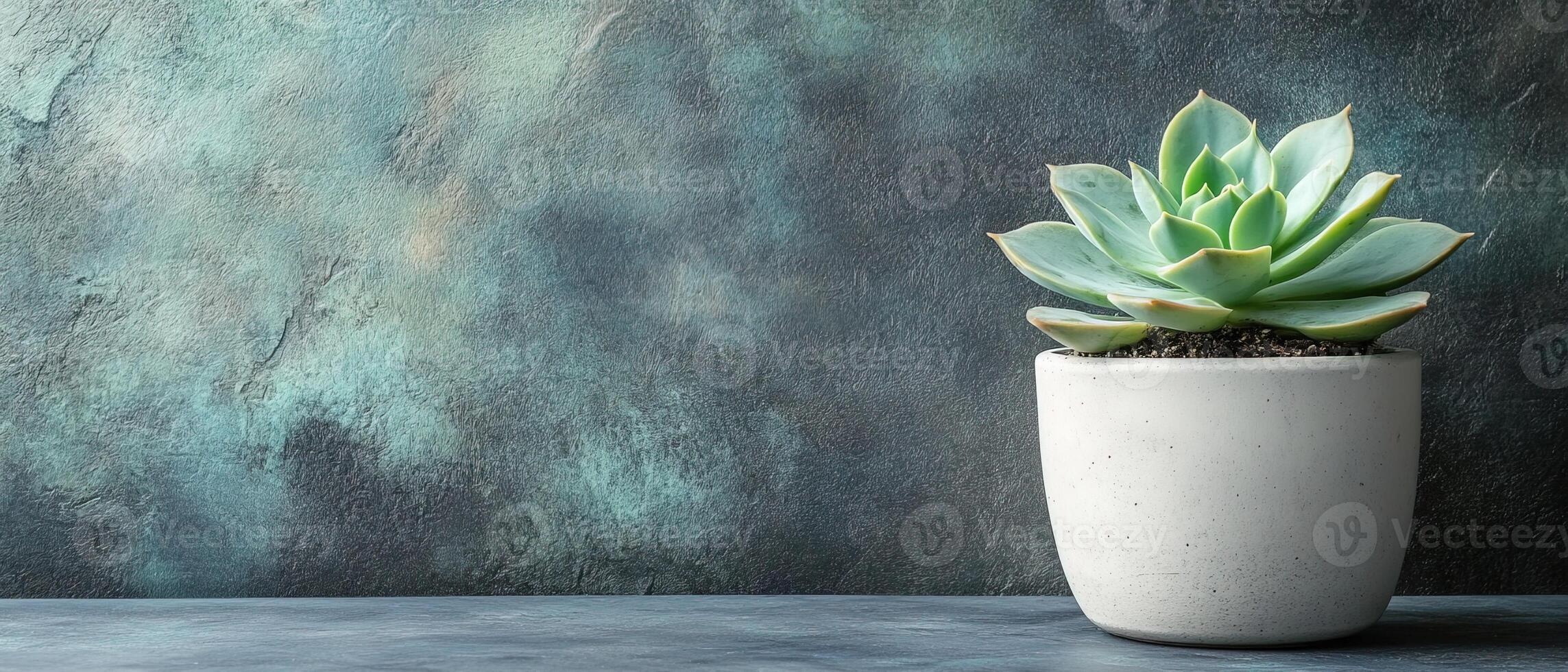 Green Succulent in a White Pot Against a Textured Blue-Green Wall with Copy Space photo