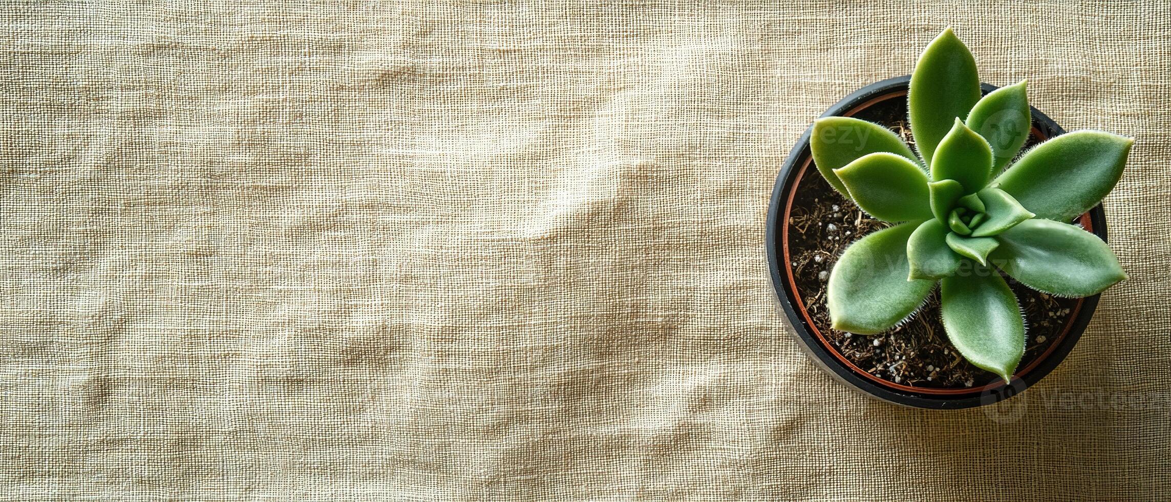 Top View of Green Succulent Plant in a Black Pot on Textured Beige Linen Fabric Background with Copy Space photo