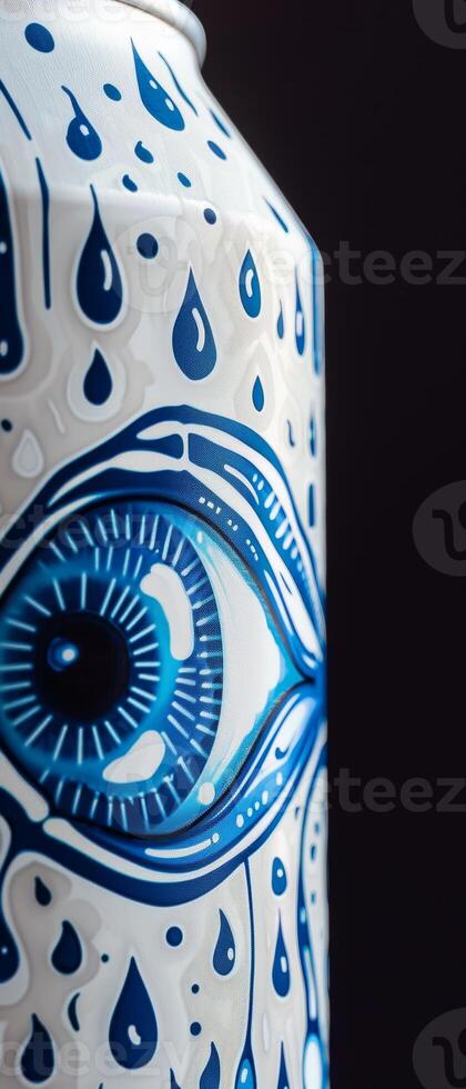 Detailed depiction of a white beer can adorned with a striking blue eye graphic, encircled by delicate droplets, showcasing creative artistry and design photo