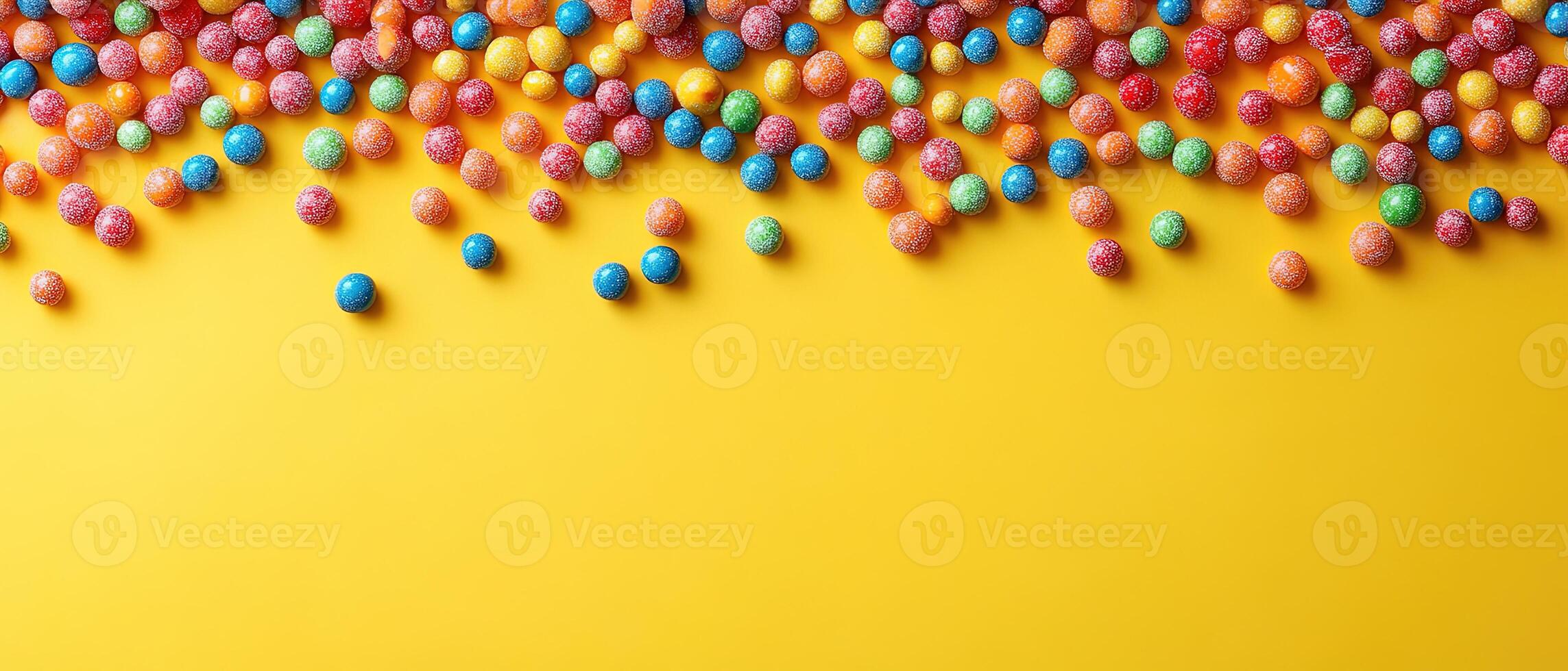 Scattered Colorful Candy Balls on a Bright Yellow Background with Space for Text photo