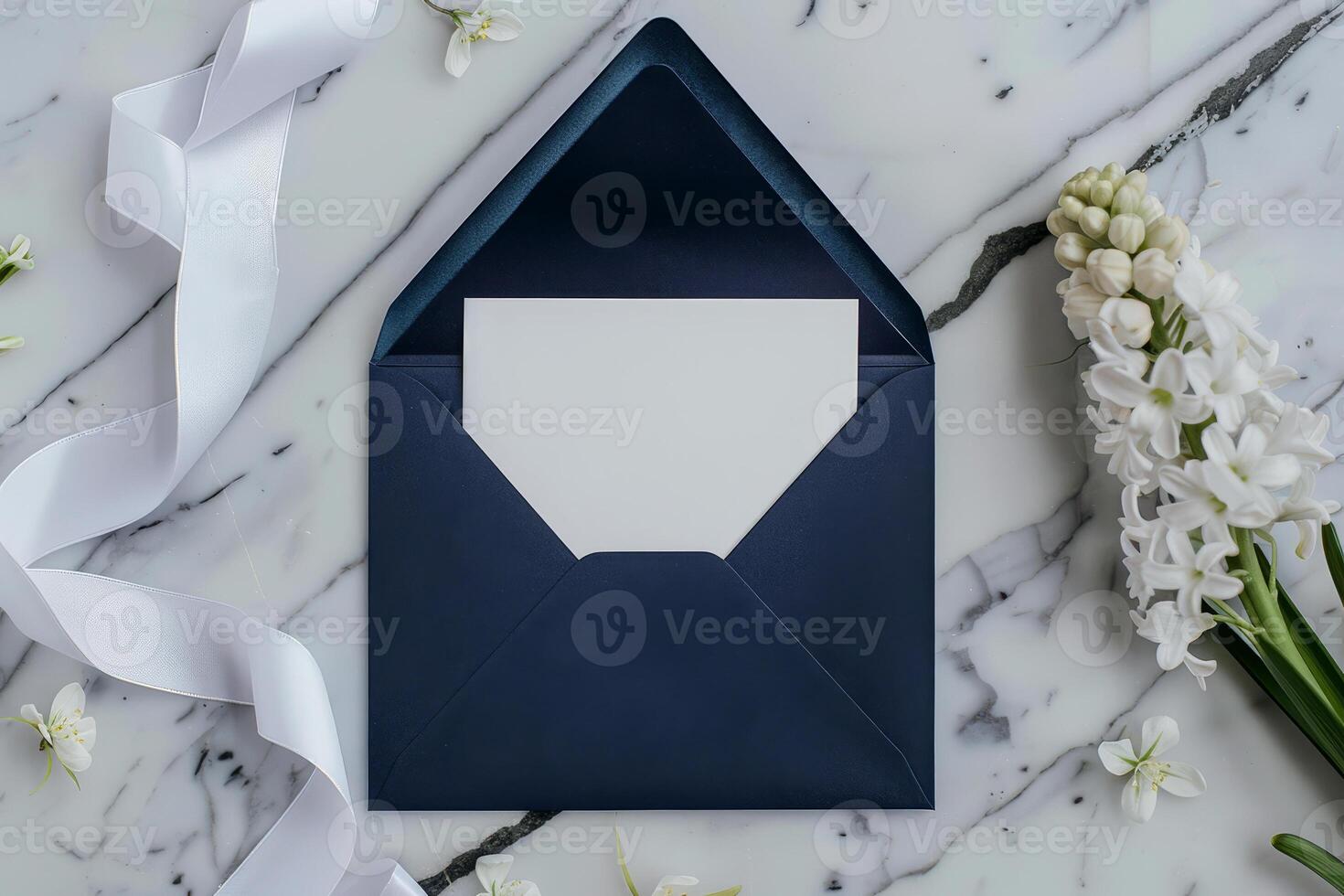 An open navy blue envelope reveals a blank card inside, surrounded by delicate flowers and a ribbon on a stylish marble surface, creating an elegant setting photo