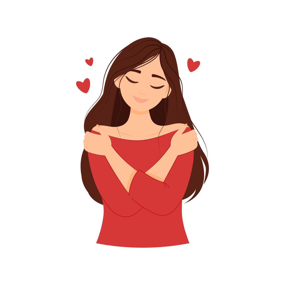 Happy girl hugging herself. Positive, self love, self acceptance, self care concept vector