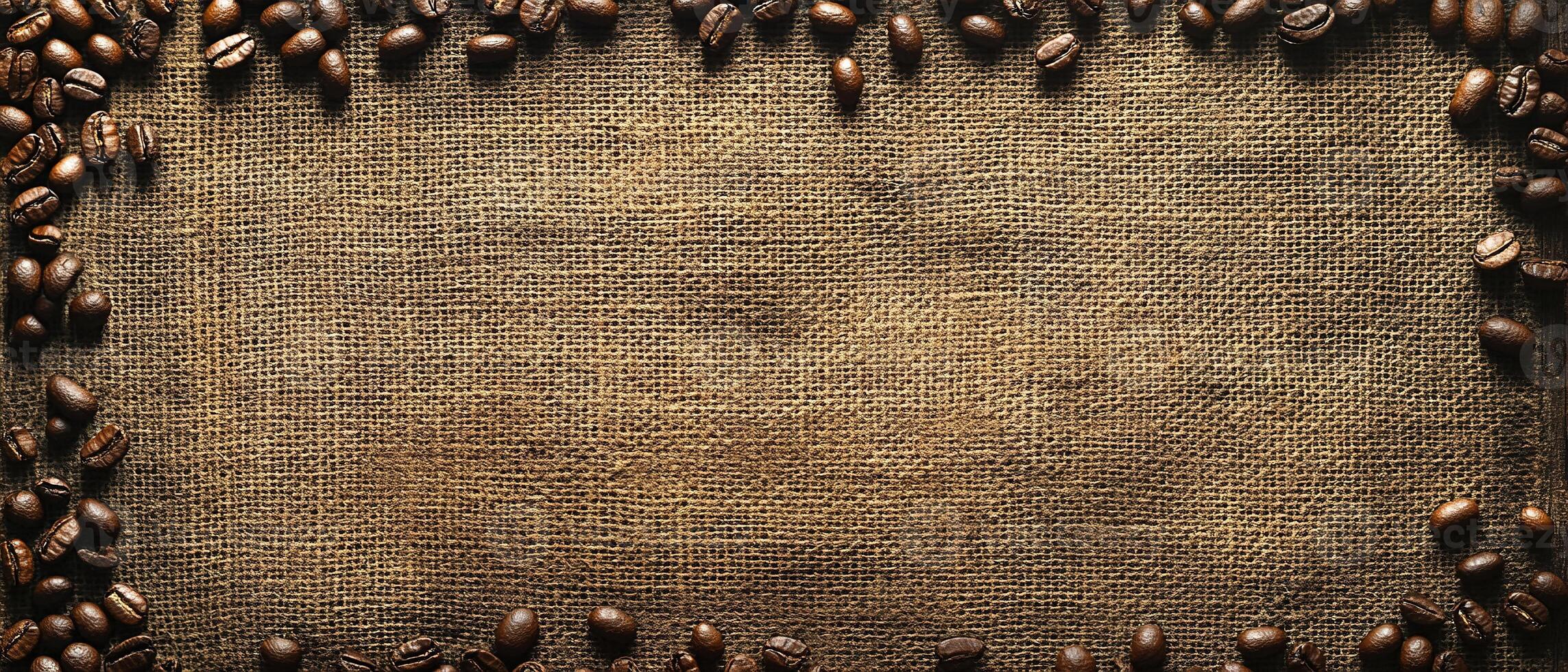 Rustic Burlap Texture with Scattered Roasted Coffee Beans in Warm Lighting photo