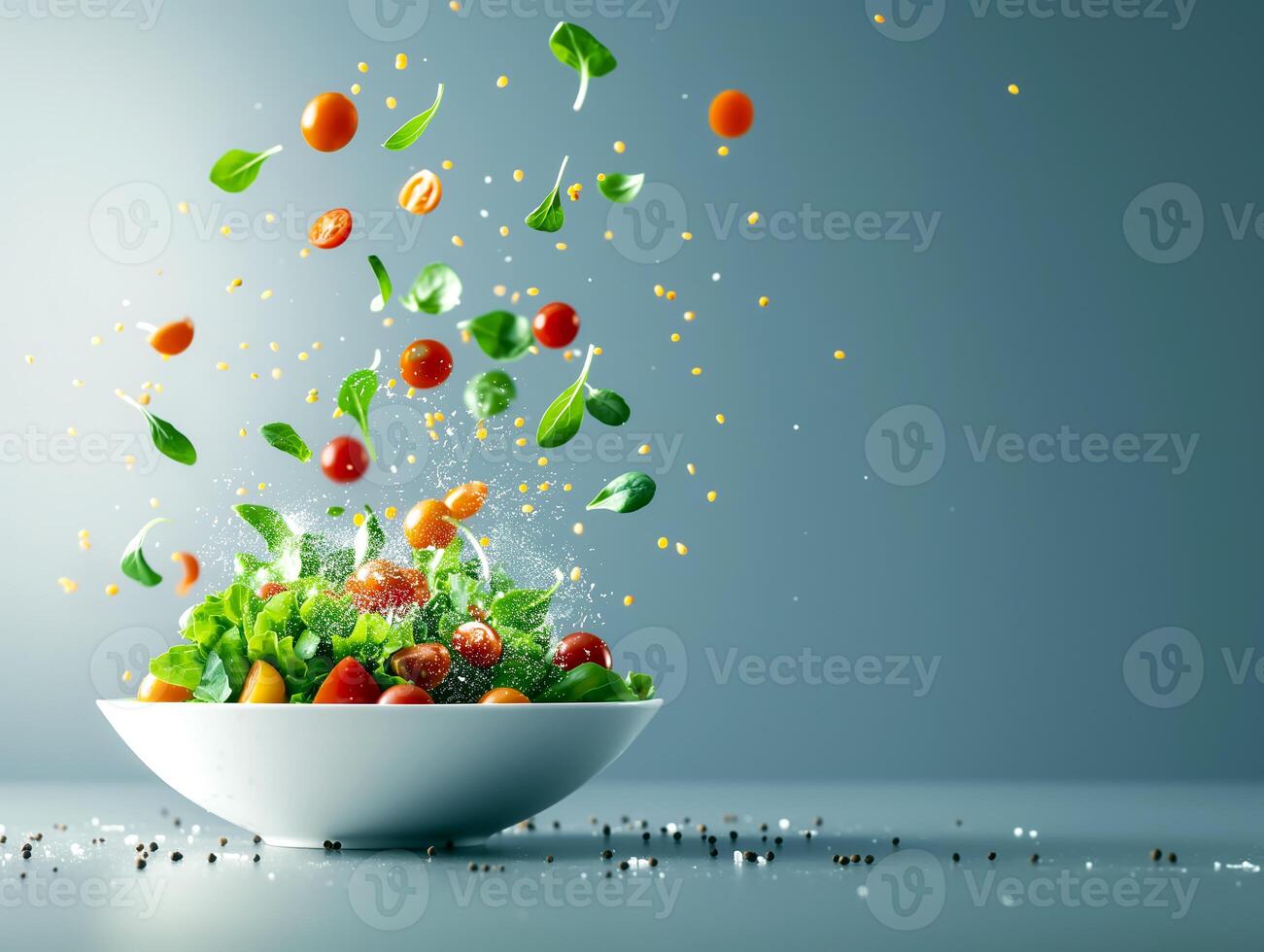 fresh salad with tomatoes and greens on a gray background. space for inscriptions. appetizing fresh vegetable salad on a plain, healthy food and vegetarianism, mediterranean diet, greek salat photo