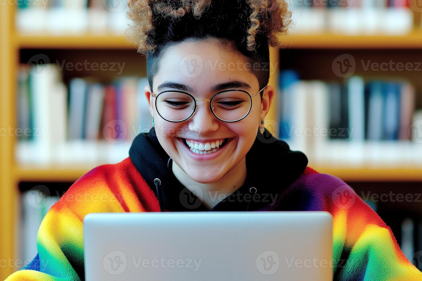 student concept, a woman in glasses smiles while using a laptop photo
