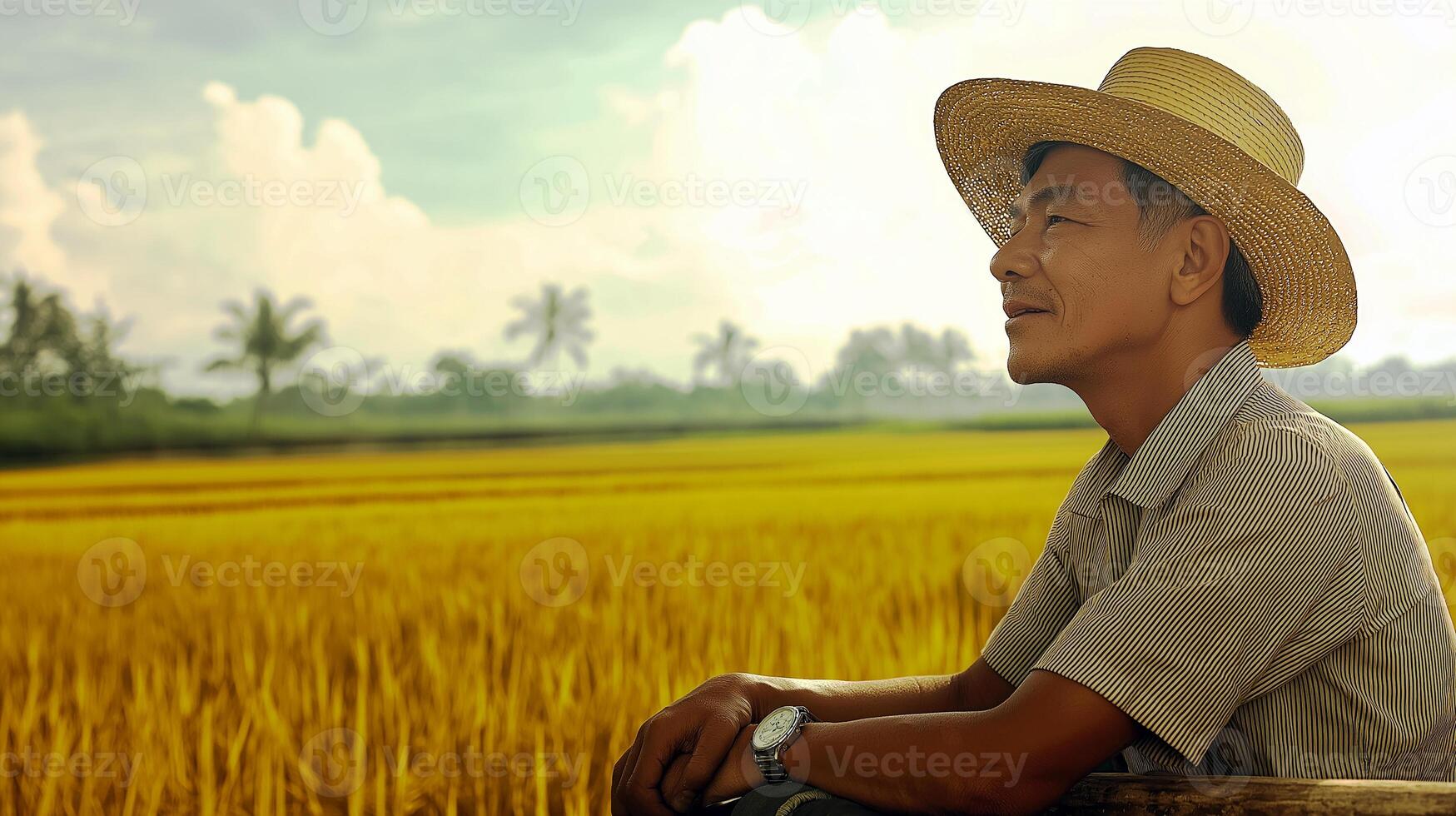 a man sitting in a field with a hat on photo