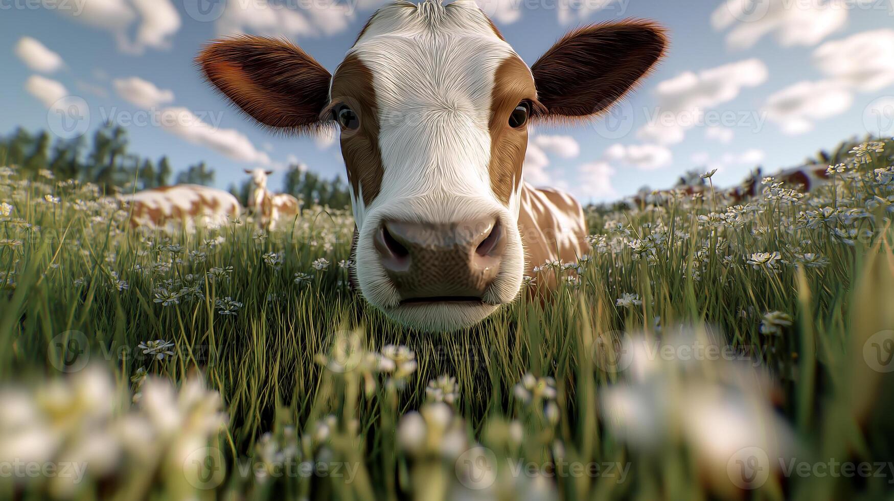 a cow is looking at the camera in a field photo