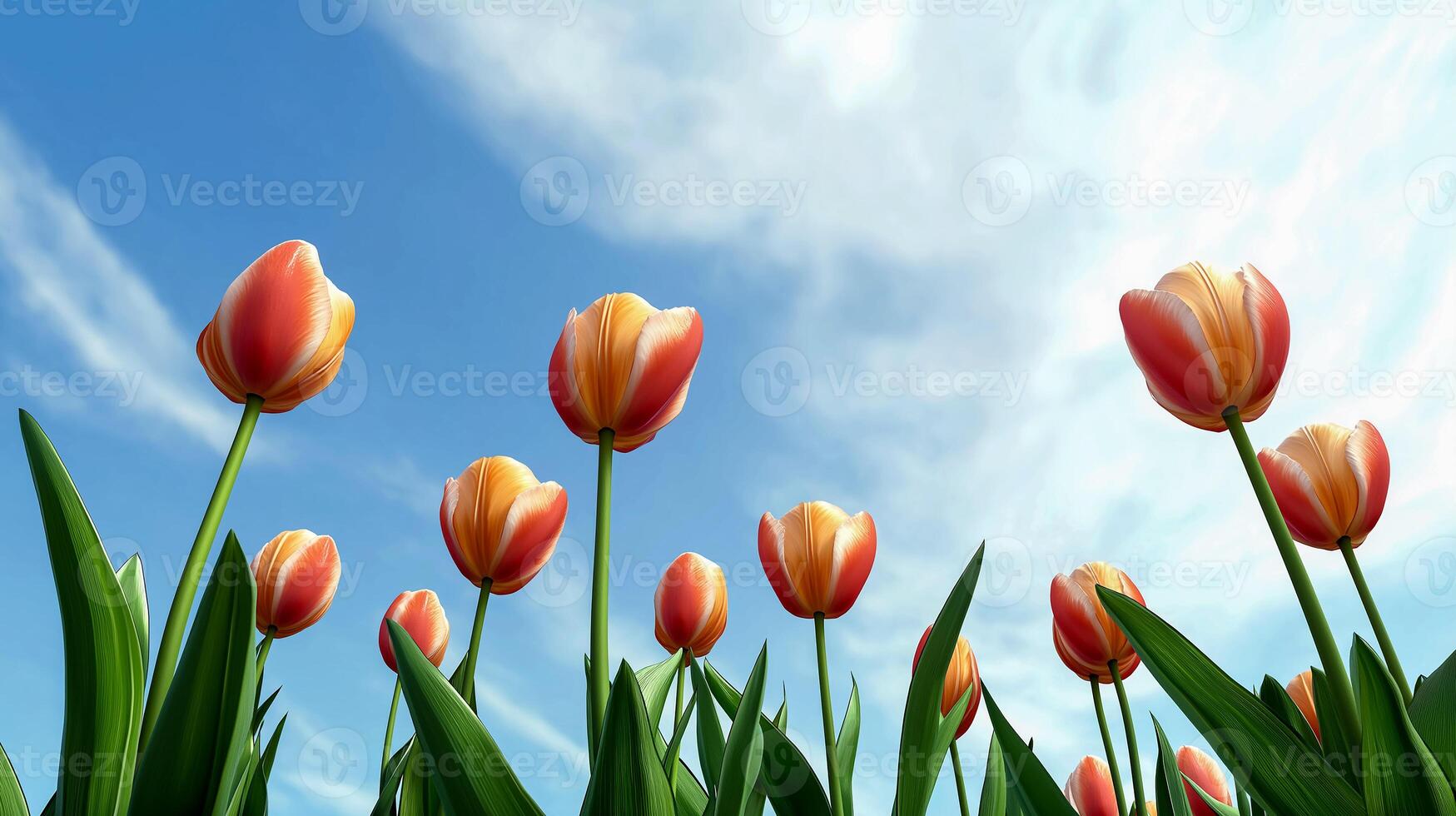 many tulips are growing in the grass,widescreen image tulips against the sky photo