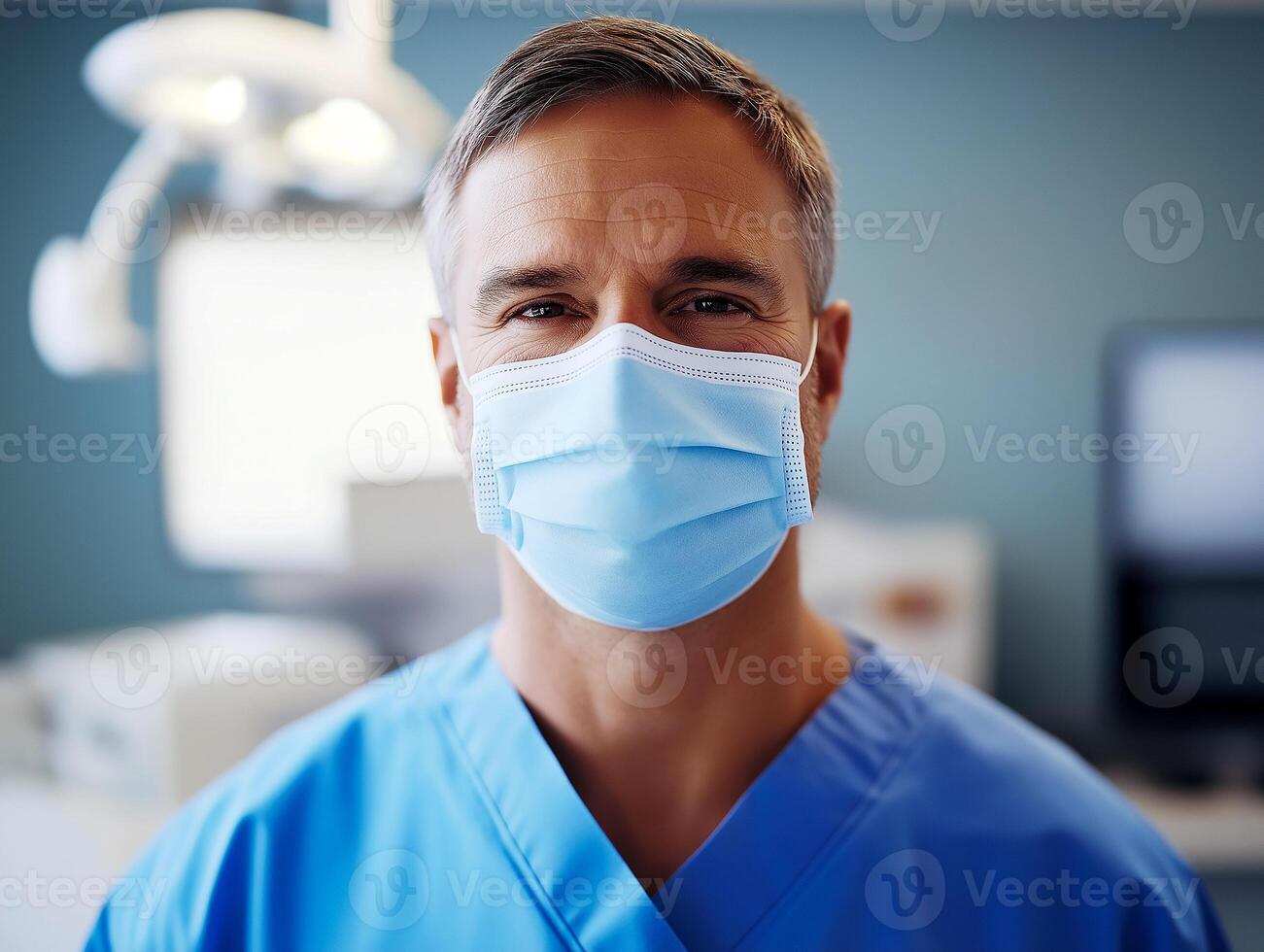 a man in a scrub suit is wearing a surgical mask photo