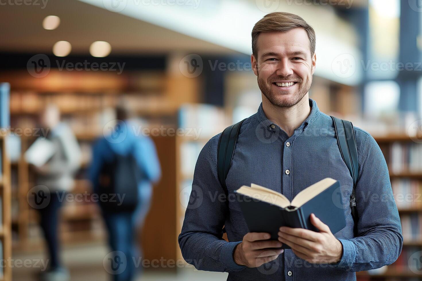a smiling man holding an open book in a library photo