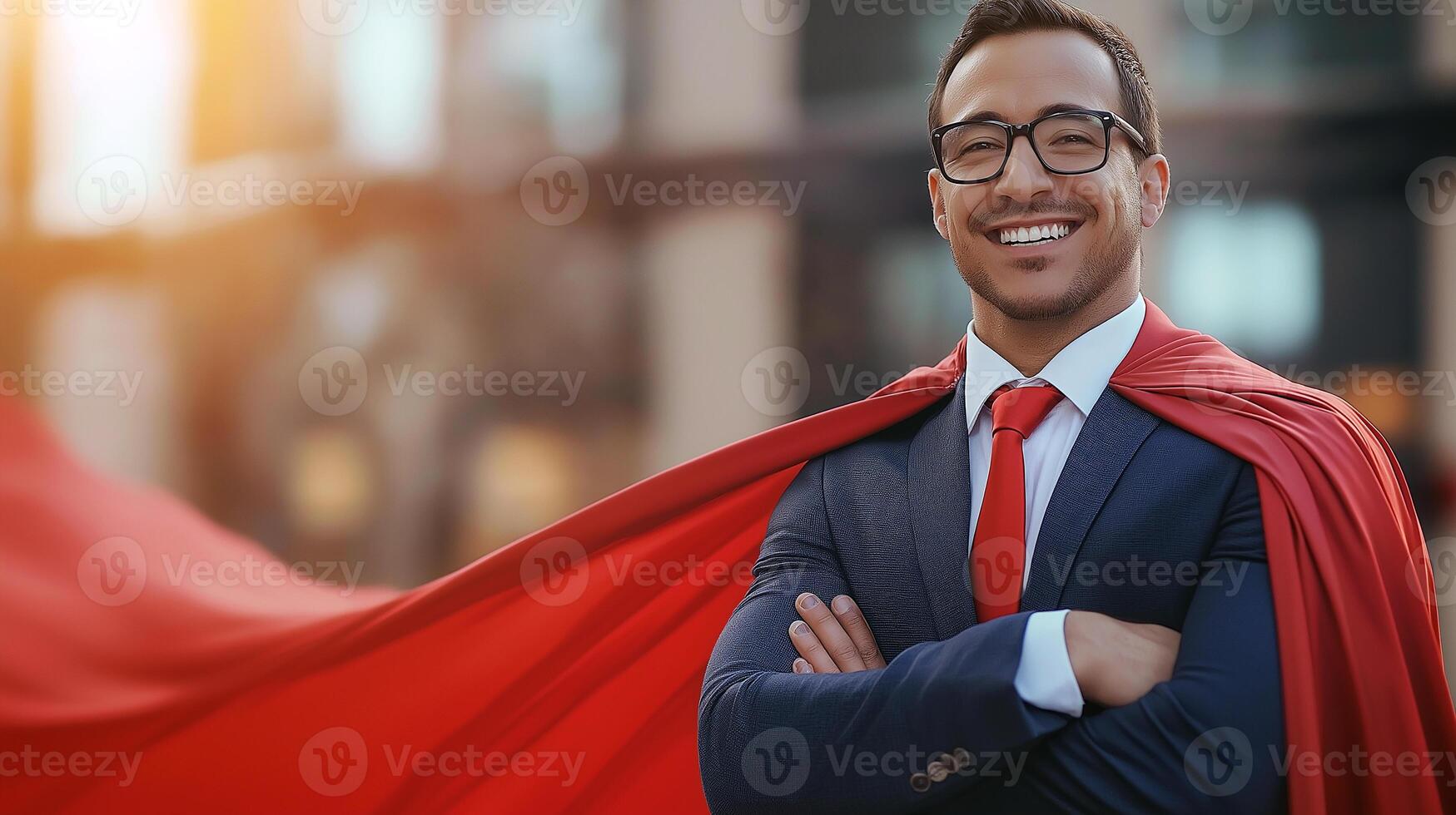 confident businessman manlike a superman in a suit and with a red cape, personifies business always ready to help solve the problem of customers, concept of successful business and care for customers photo