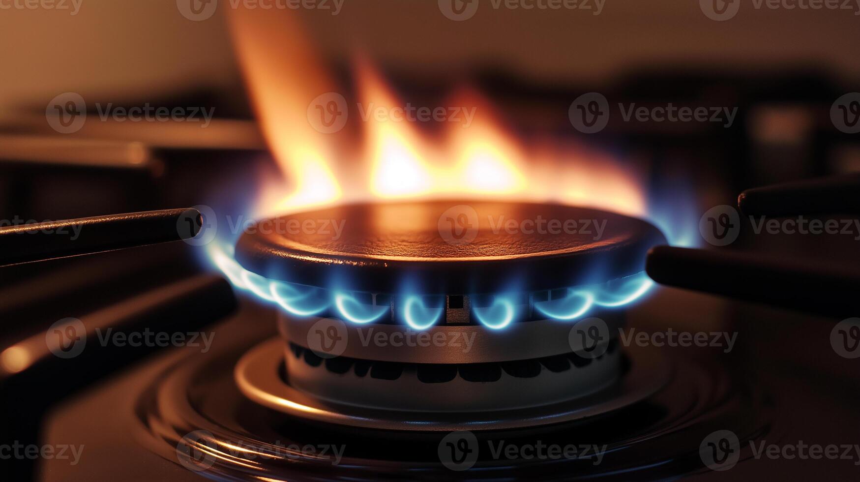 burning gas burner in the kitchen, close-up of burning gas burner in the kitchen, payment and price of utilities and heating with gas photo