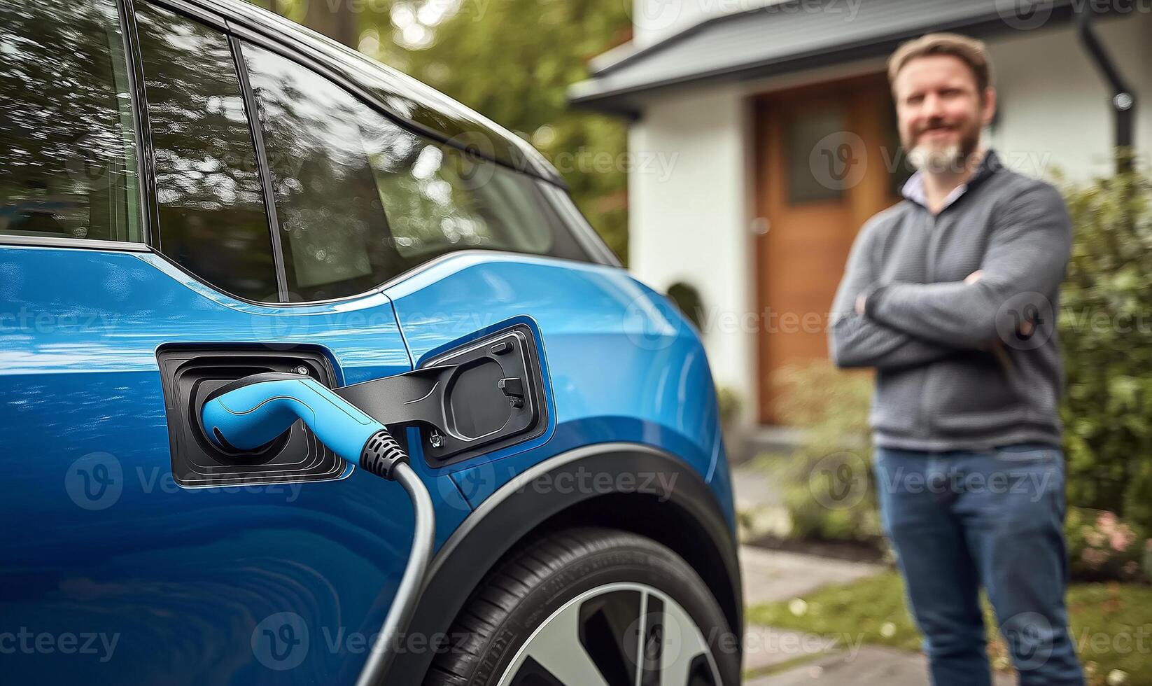 a man standing next to an electric vehicle charging photo