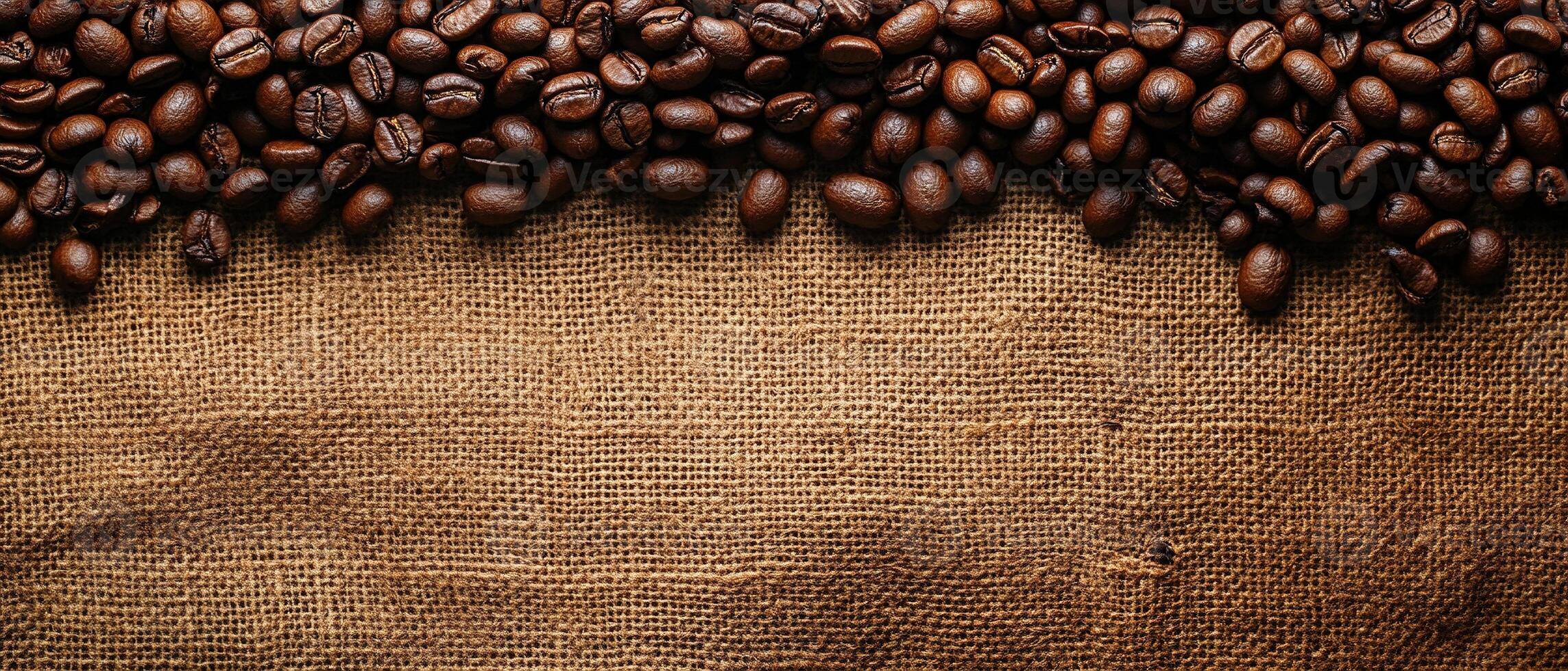 Roasted Coffee Beans Lined Up on Rustic Burlap Fabric with Copy Space photo