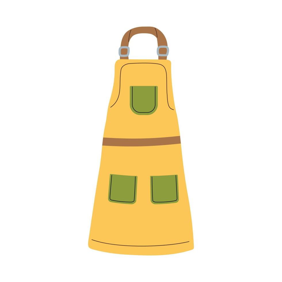 Garden yellow apron with pockets illustration on white background, flat cartoon style design. Garden clothes vector