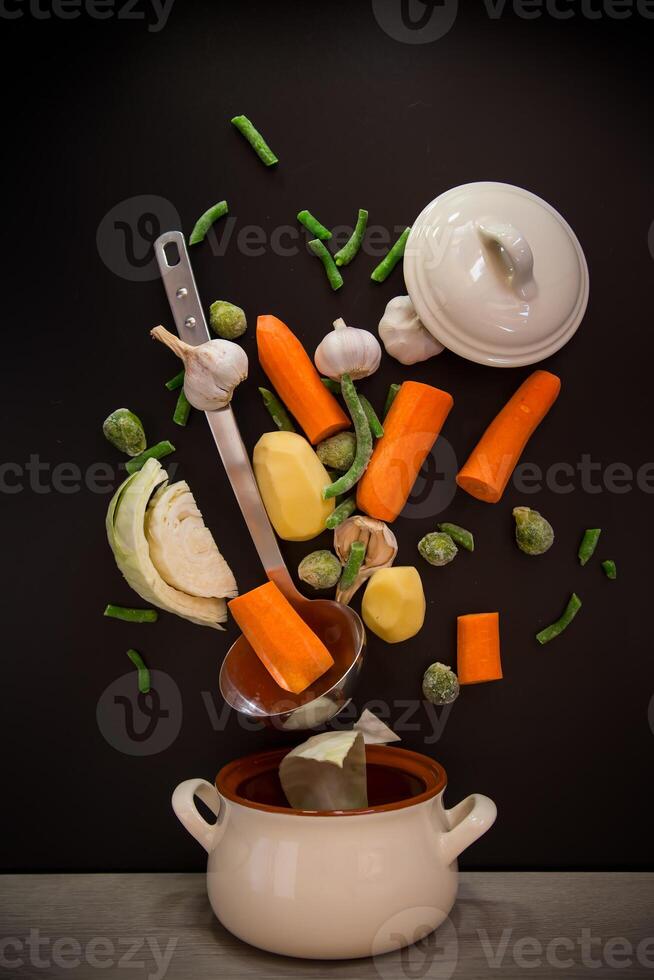 recipes with vegetables.Vegetables in motion before cooking in soup photo