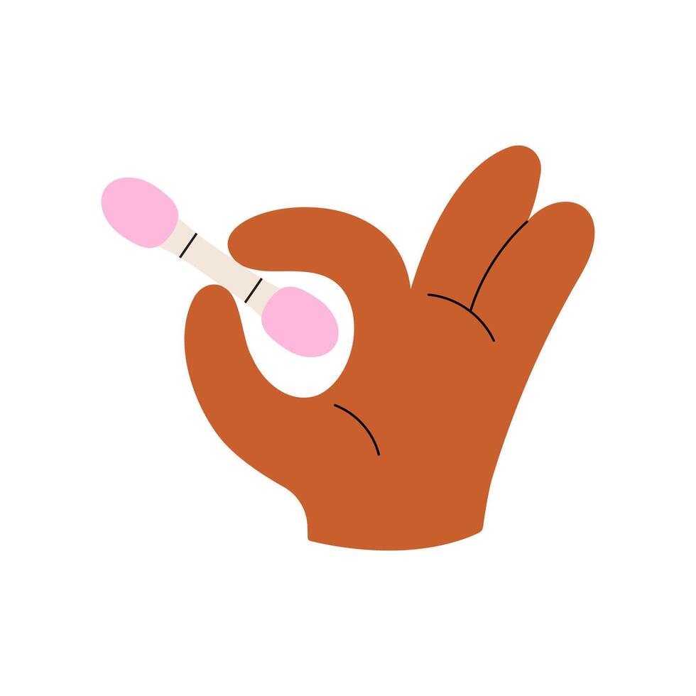 Hand hold cosmetic applicator for shadows. Cartoon color design. Flat illustration isolated on white background. vector
