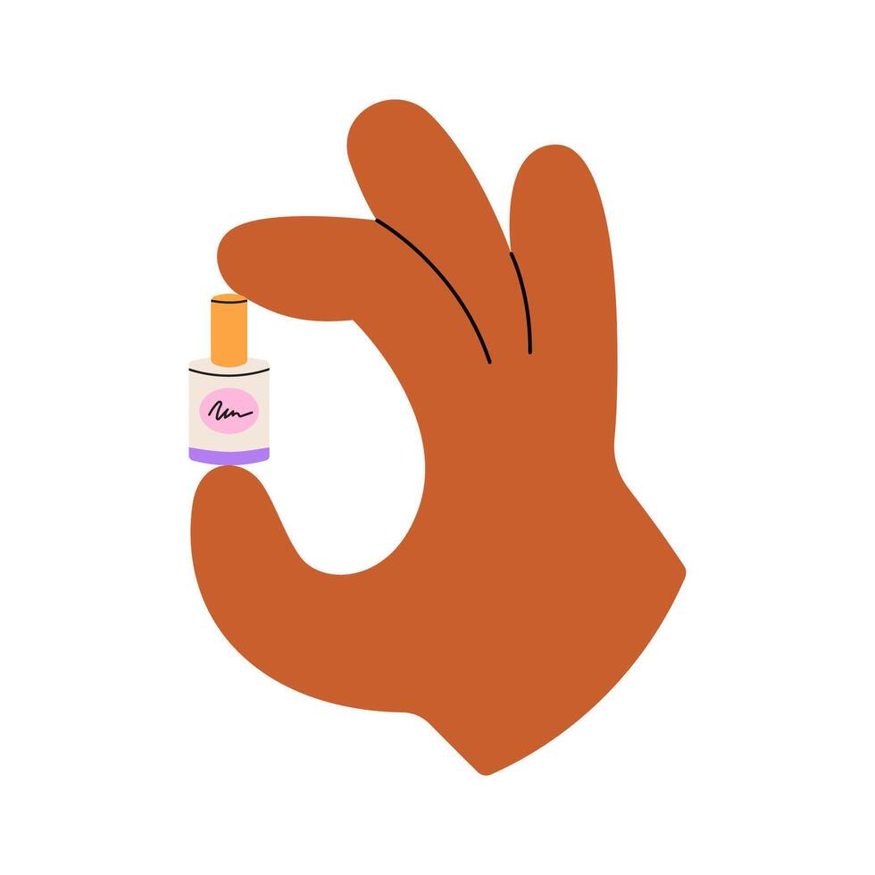 Hand hold nail polish. Cartoon color design. Flat illustration isolated on white background. vector