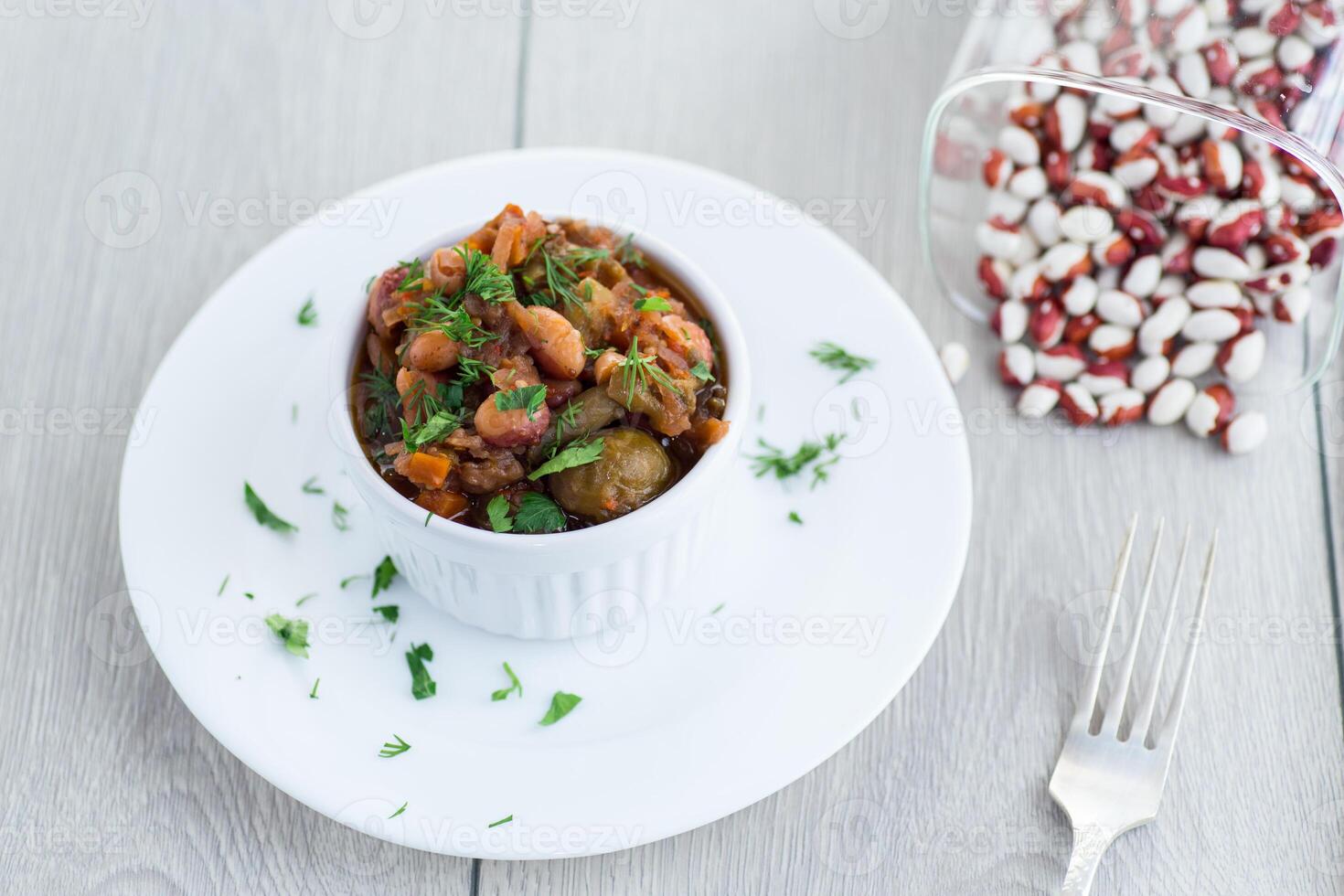 recipes with vegetables.lean vegetable stew with beans, brussels sprouts, tomatoes and other vegetables photo