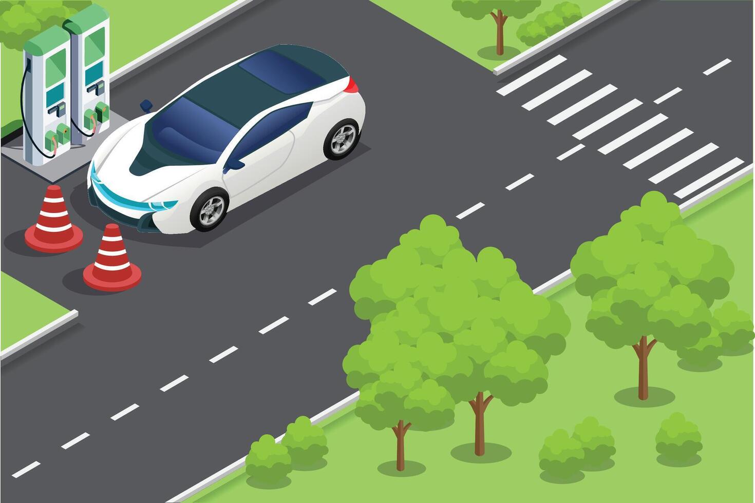 isometric illustration of roadside electric vehicle charging, with convenient parking area, suitable for graphic assets and diagrams vector