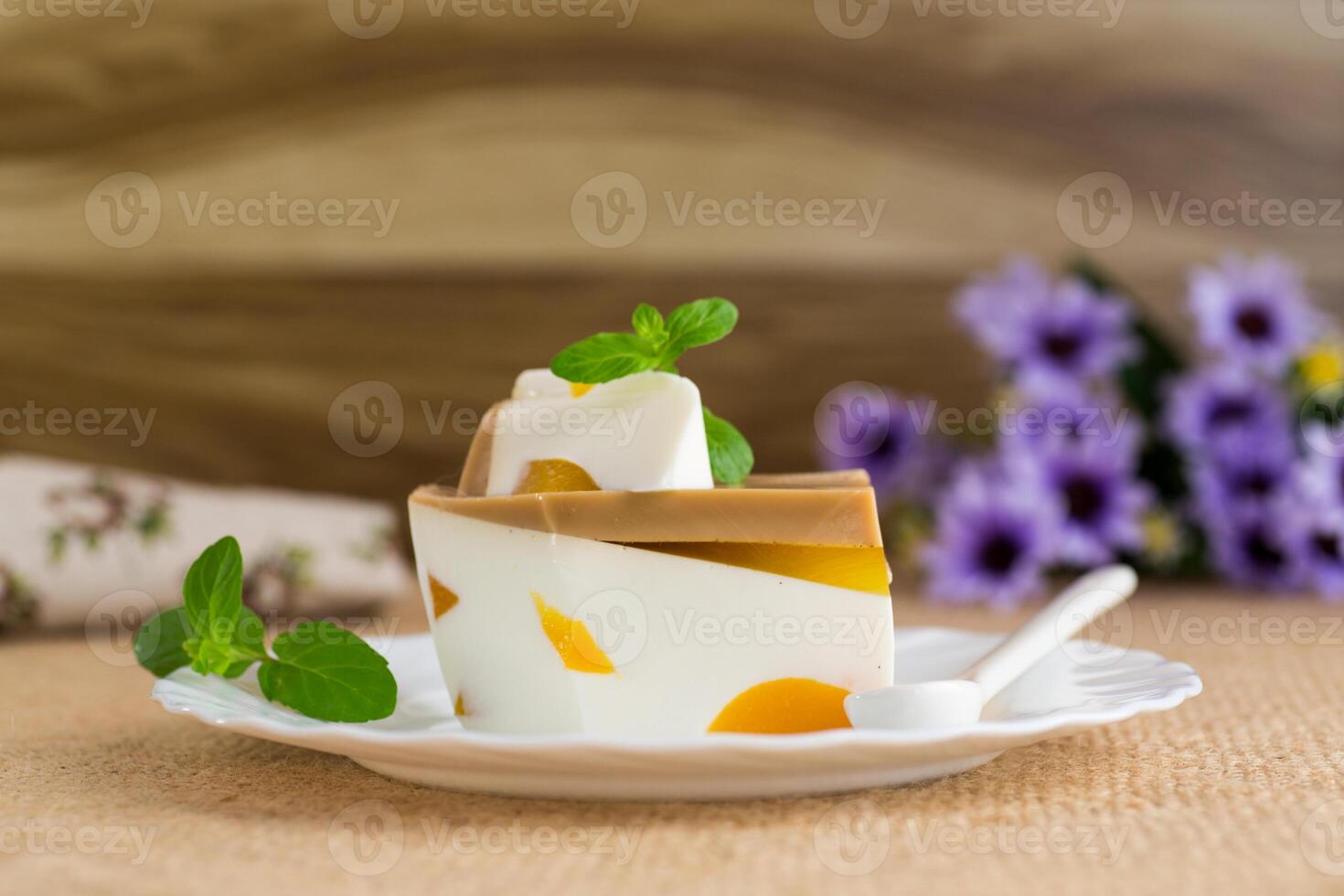 milk fruit jelly dessert with pieces of fruit inside, in a plate photo