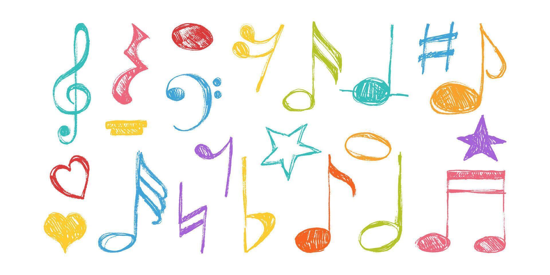Colorful Musical Notes Hand Drawn with Crayon and Colorful Pencils. Collection of cartoon key notes symbols vector