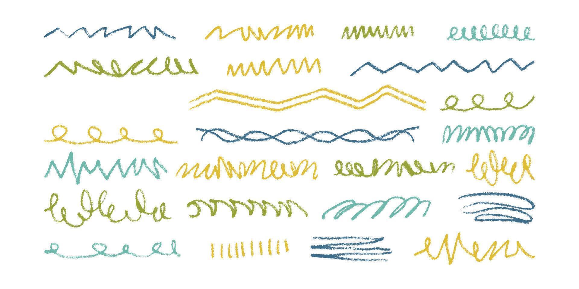 Set of Pastel Squiggle Pencil Lines. Thin doodle of abstract strokes in hand drawn style. Colorful smears with grungy charcoal texture vector