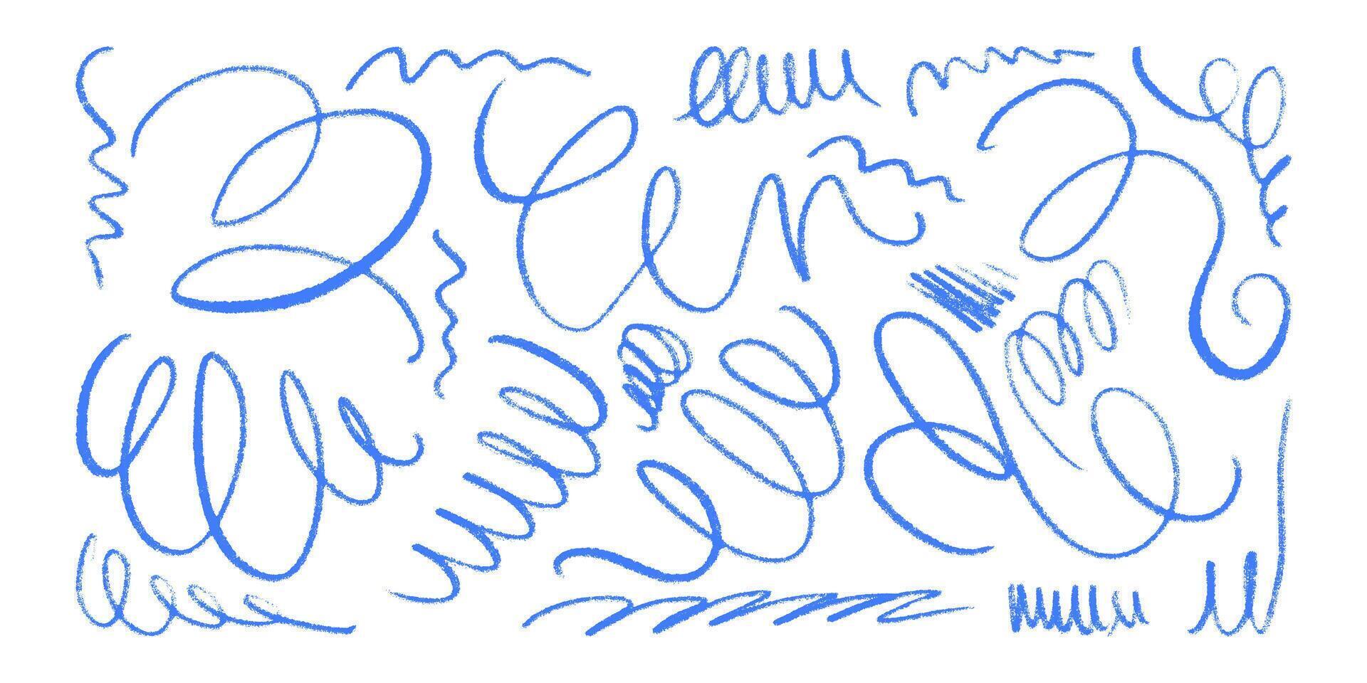 Thin Squiggle Pencil Line Collection. Doodle abstract strokes in hand drawn style. Colorful smears with grungy charcoal texture vector