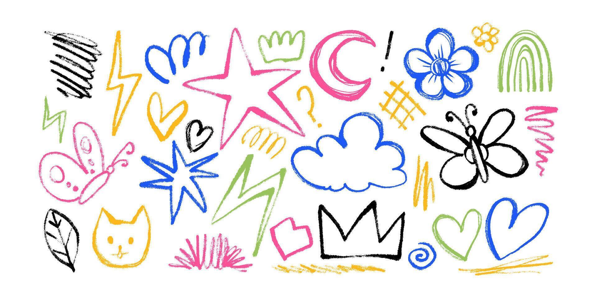 Collection of Childish Multicolored Doodles Hand Drawn with Pencil and Charcoal. Colorful scribbles with happy vibes and grunge texture. Banner with random wobbly shapes vector