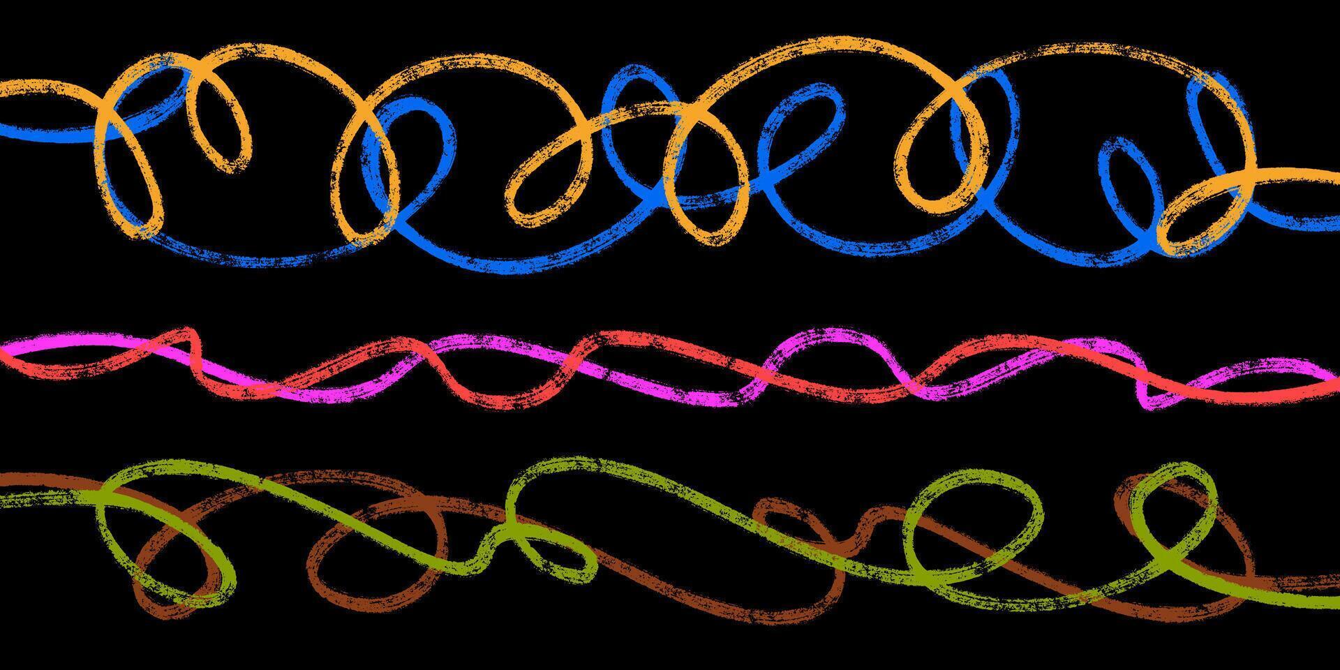 Squiggle Pencil Line Collection with Vibrant Colors. Thin doodle of abstract strokes in hand drawn style. Colorful smears with grungy charcoal texture vector