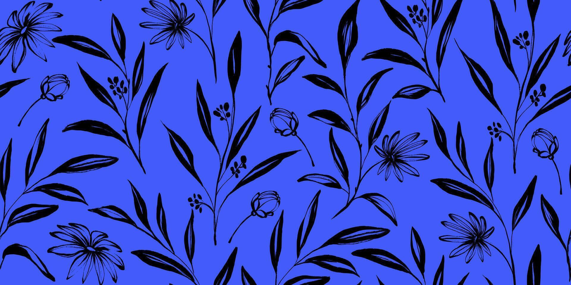 Blue Floral Seamless Pattern with Hand Drawn Ink Wildflowers. Nature contemporary floral art design in retro style with subtle grunge effect perfect for modern print projects, fashion, wrapping paper vector