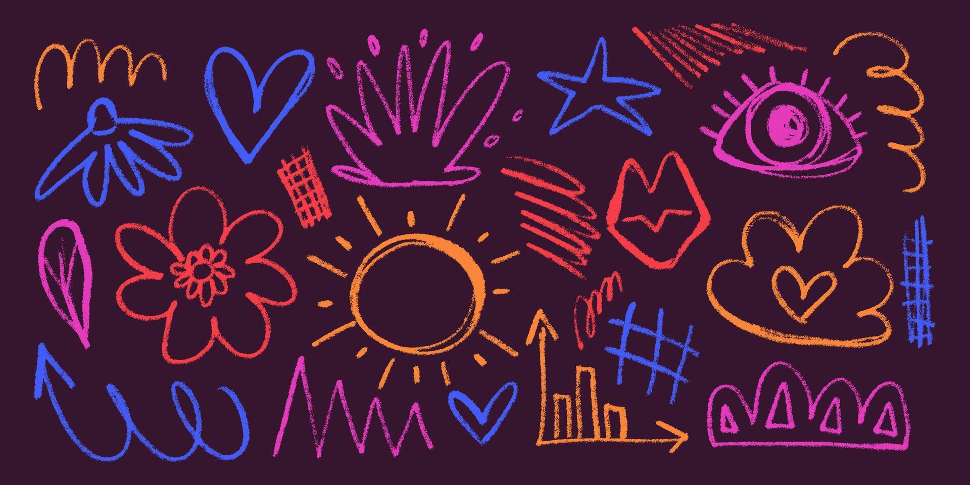 Set of Childish and Naive Multicolored Doodles Hand Drawn with Pencil and Charcoal. Colorful scribbles with happy vibes and grunge texture. Banner with random wobbly shapes vector