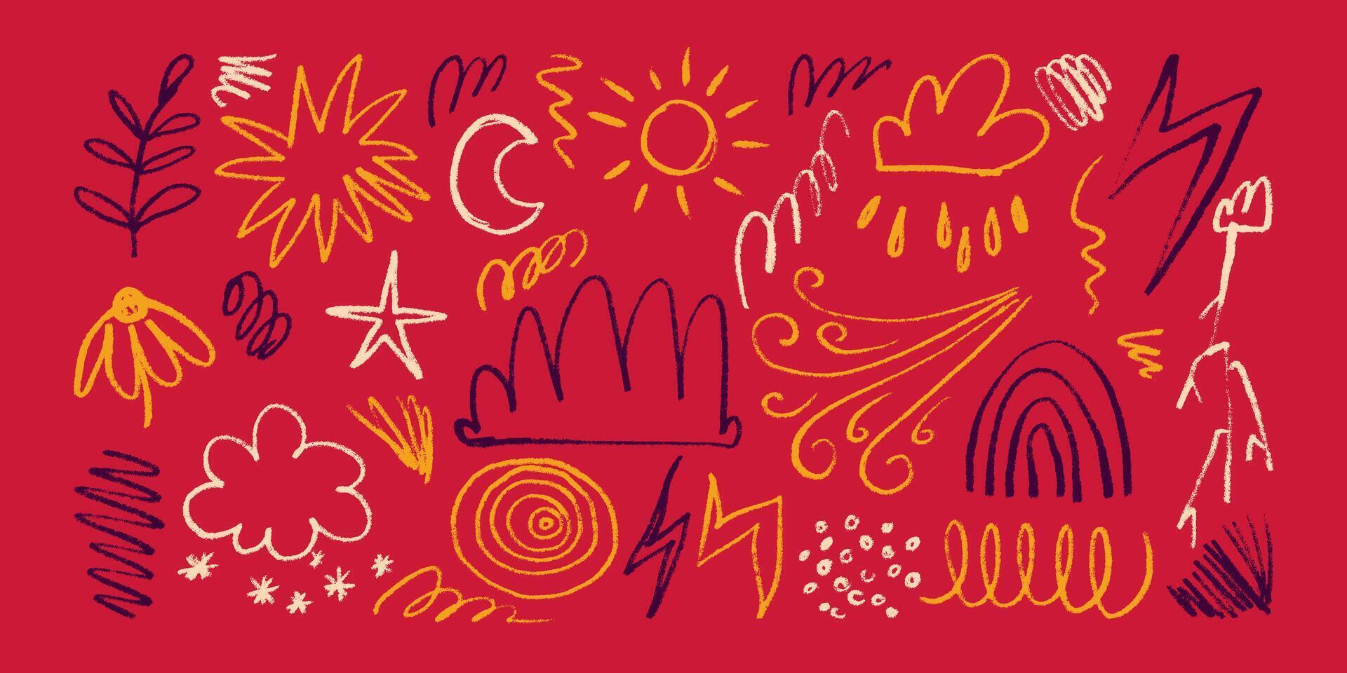 Collection of Childish and Naive Multicolored Doodles Hand Drawn with Pencil and Charcoal on Red Background. Colorful scribbles with happy vibes and grunge texture. Banner with random wobbly shapes vector