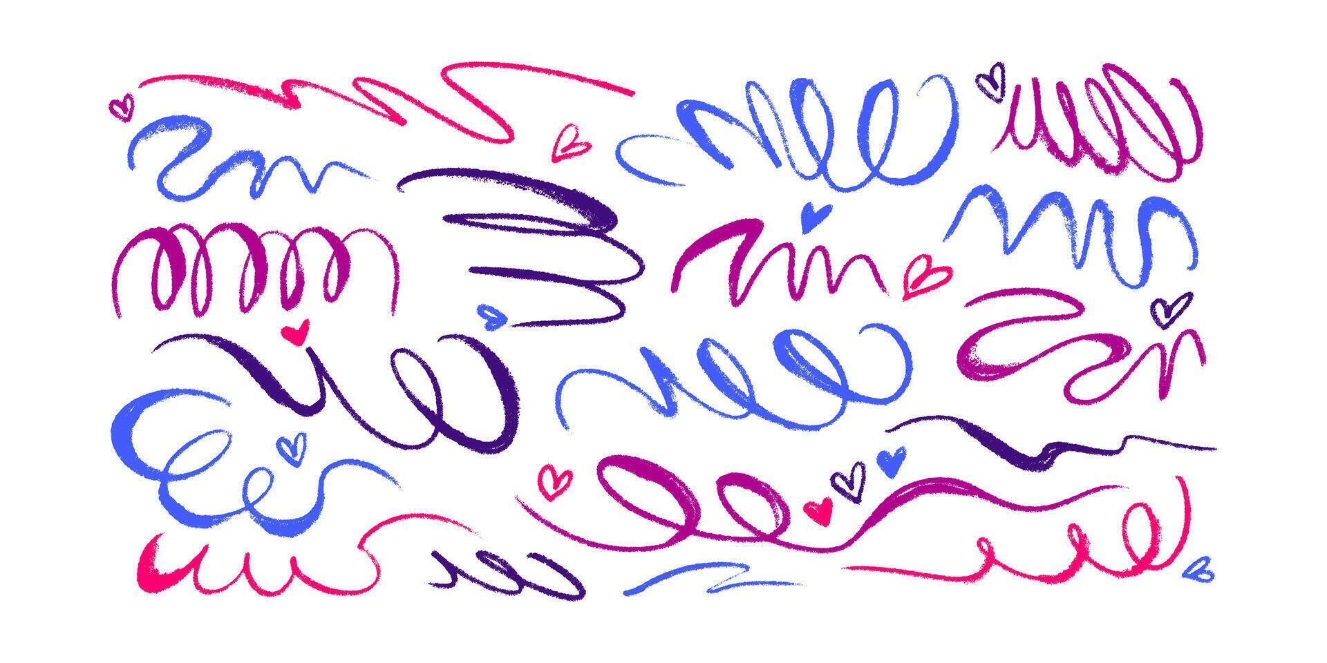 Colorful Squiggle Pencil Line Collection. Thin doodle of abstract strokes in hand drawn style. Colorful smears with grungy charcoal texture vector